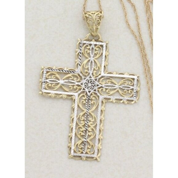 10K Yellow Gold and White Gold Cross Necklace 20 inch chain